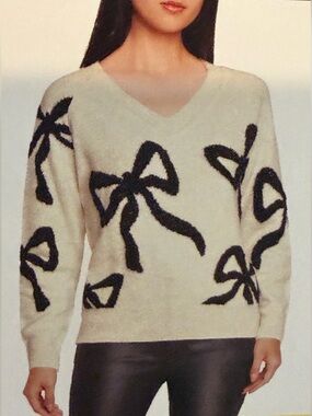 Express Cream V-Neck Sweater with Black Bow Accents